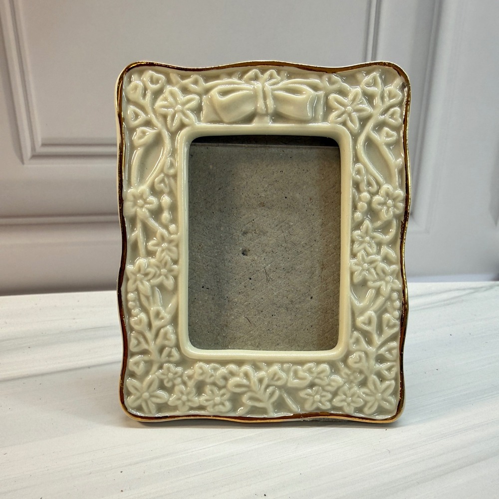 Lenox Ivory China Floral Bow Picture Frame Gold Trim Small Lenox Photo Frame